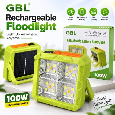 GBL Detachable Battery Solar Floodlight – 100W Super Bright Portable Outdoor LED Work Light with Built-in Power Bank, Weatherproof Design & Camping Emergency Light